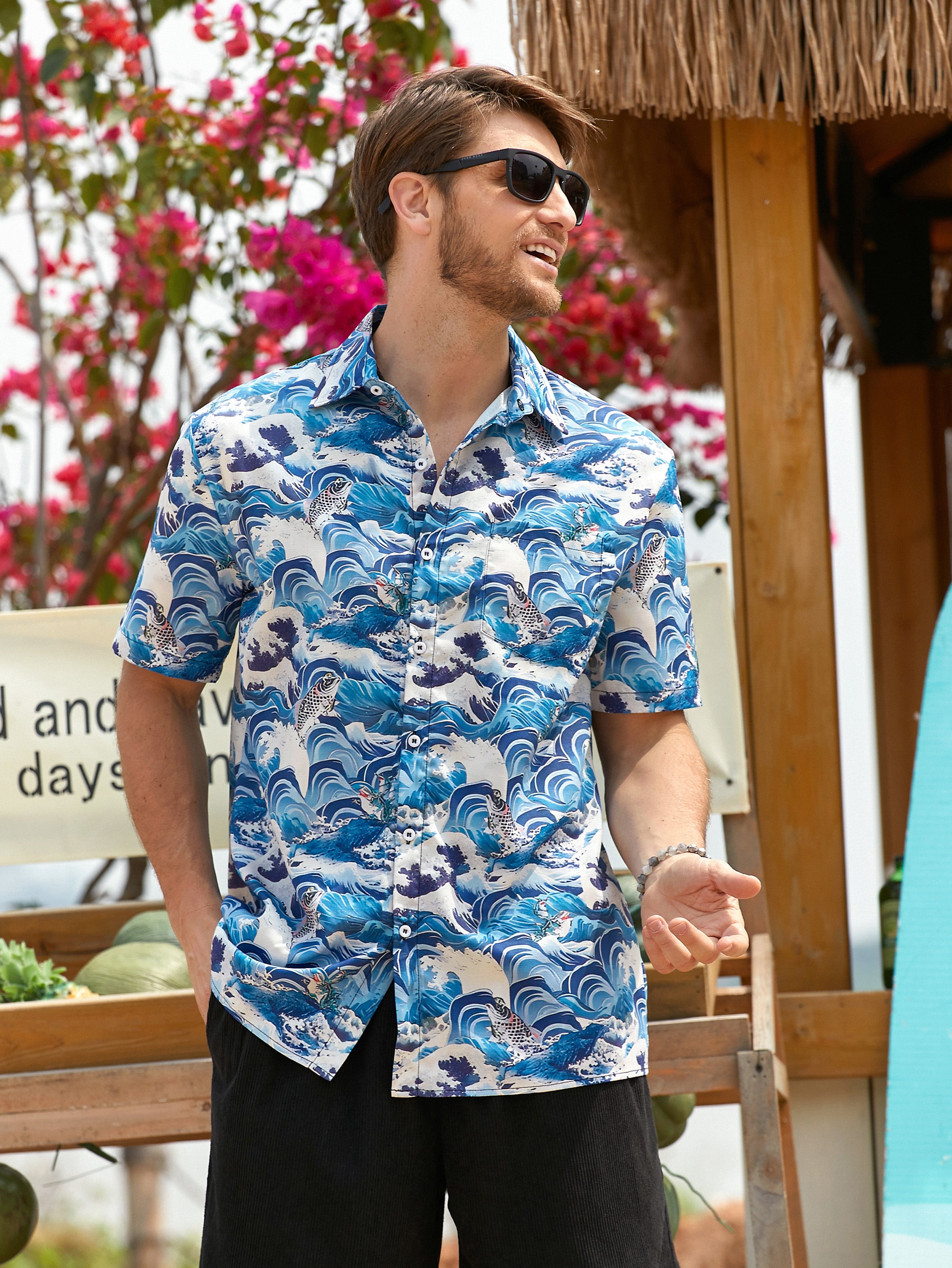 Men's Hawaiian Surf Fish Textured Print Short Sleeve Shirt