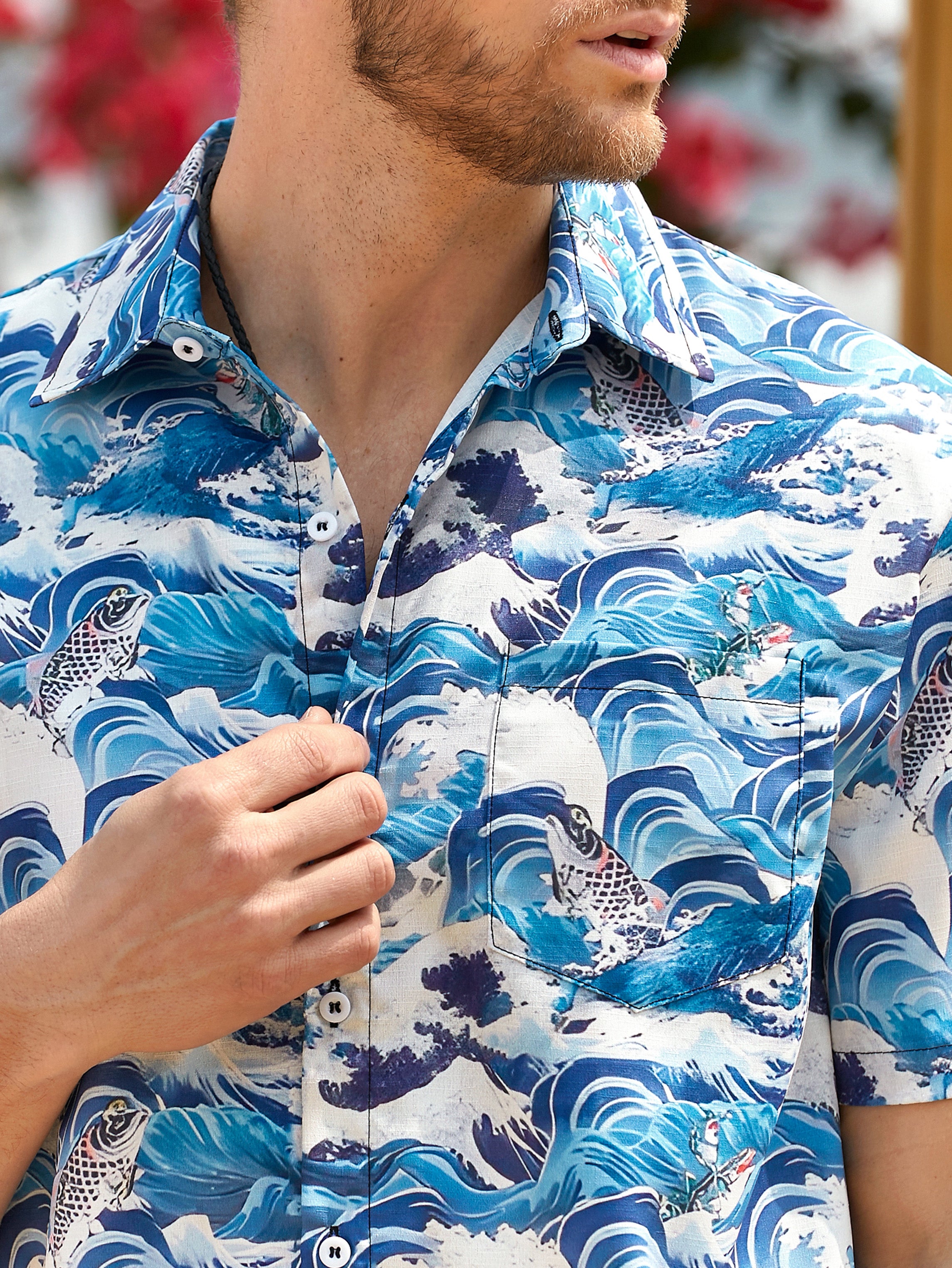 Men's Hawaiian Surf Fish Textured Print Short Sleeve Shirt