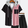 Men's Corduroy Hooded Patchwork Corduroy Short Sleeve Two Piece Set