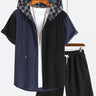 Men's Corduroy Hooded Patchwork Corduroy Short Sleeve Two Piece Set