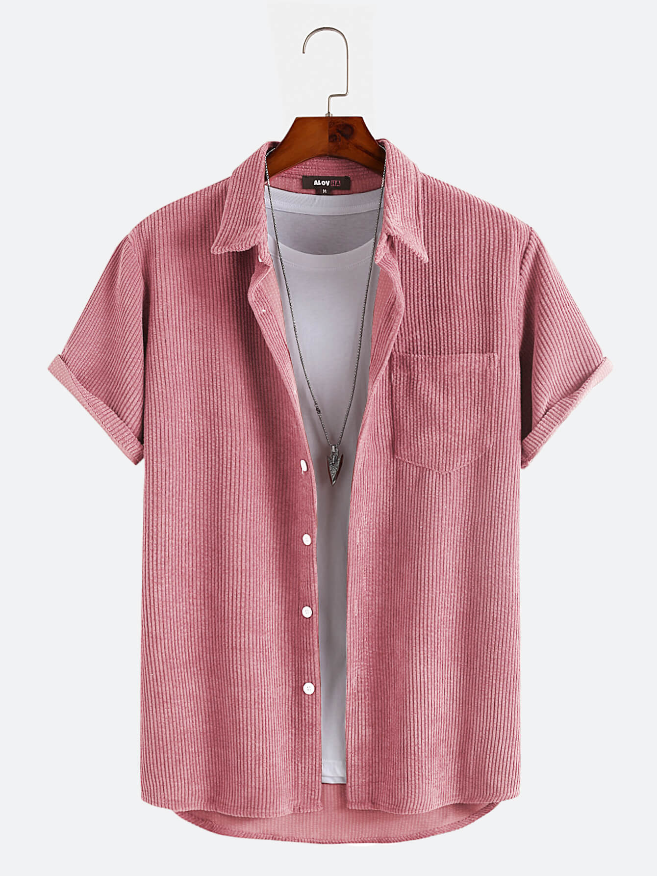 Men's Pink New Corduroy Short Sleeve Button Shirt