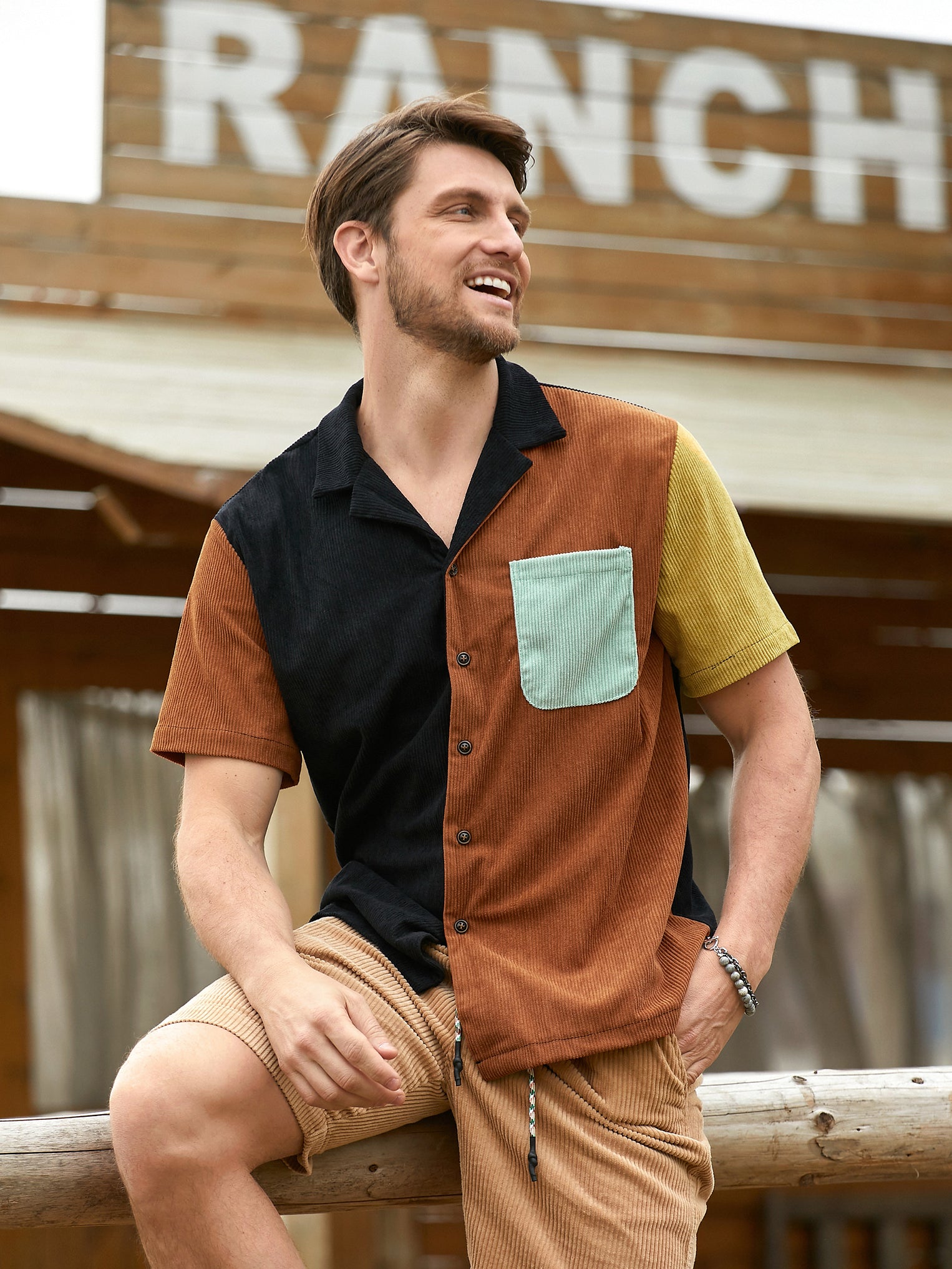 Mens Corduroy Color Block Short Sleeve Button Up Shirt