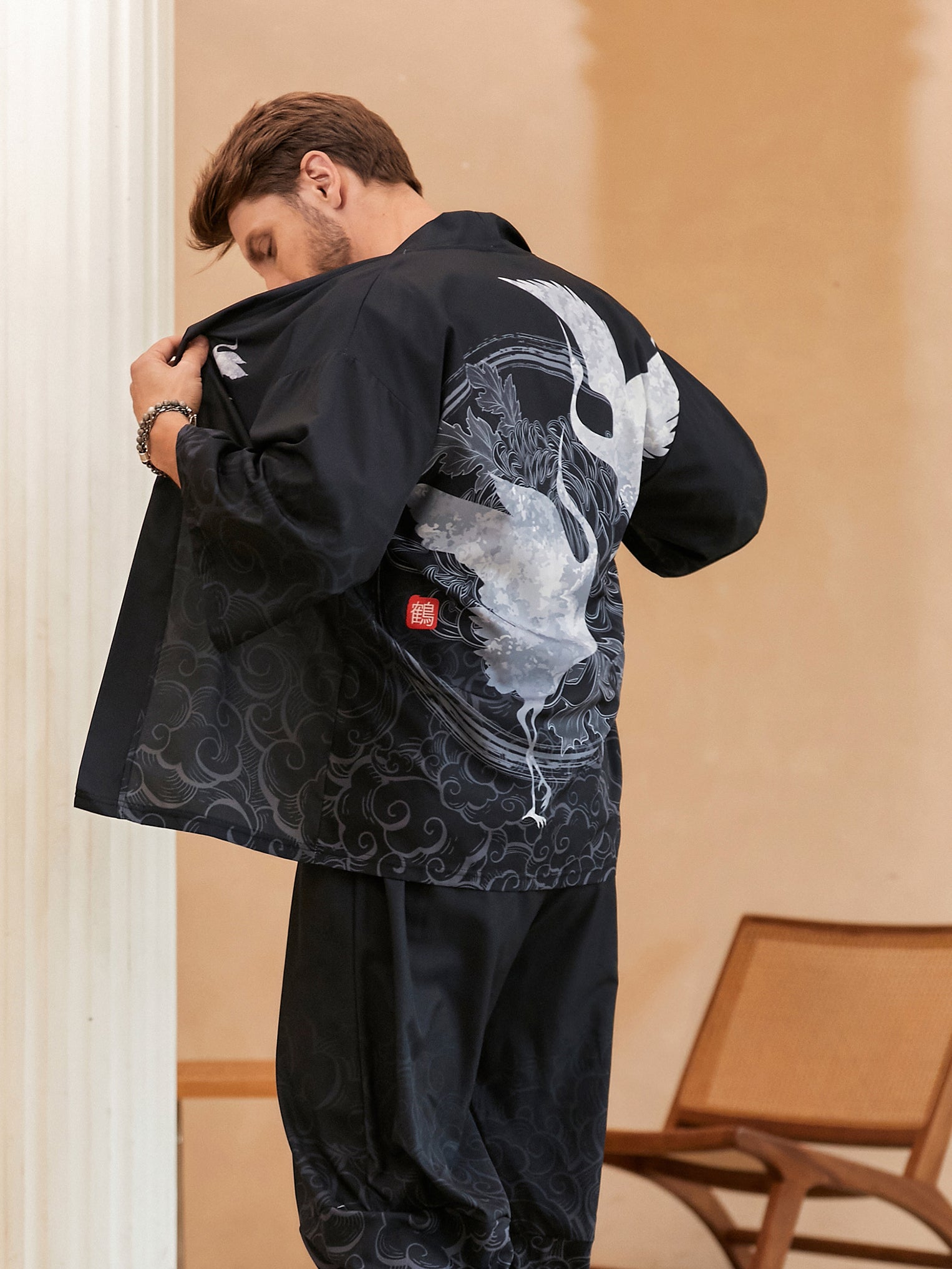 Mens Crane Printed Open Front Kimono with Shorts Set