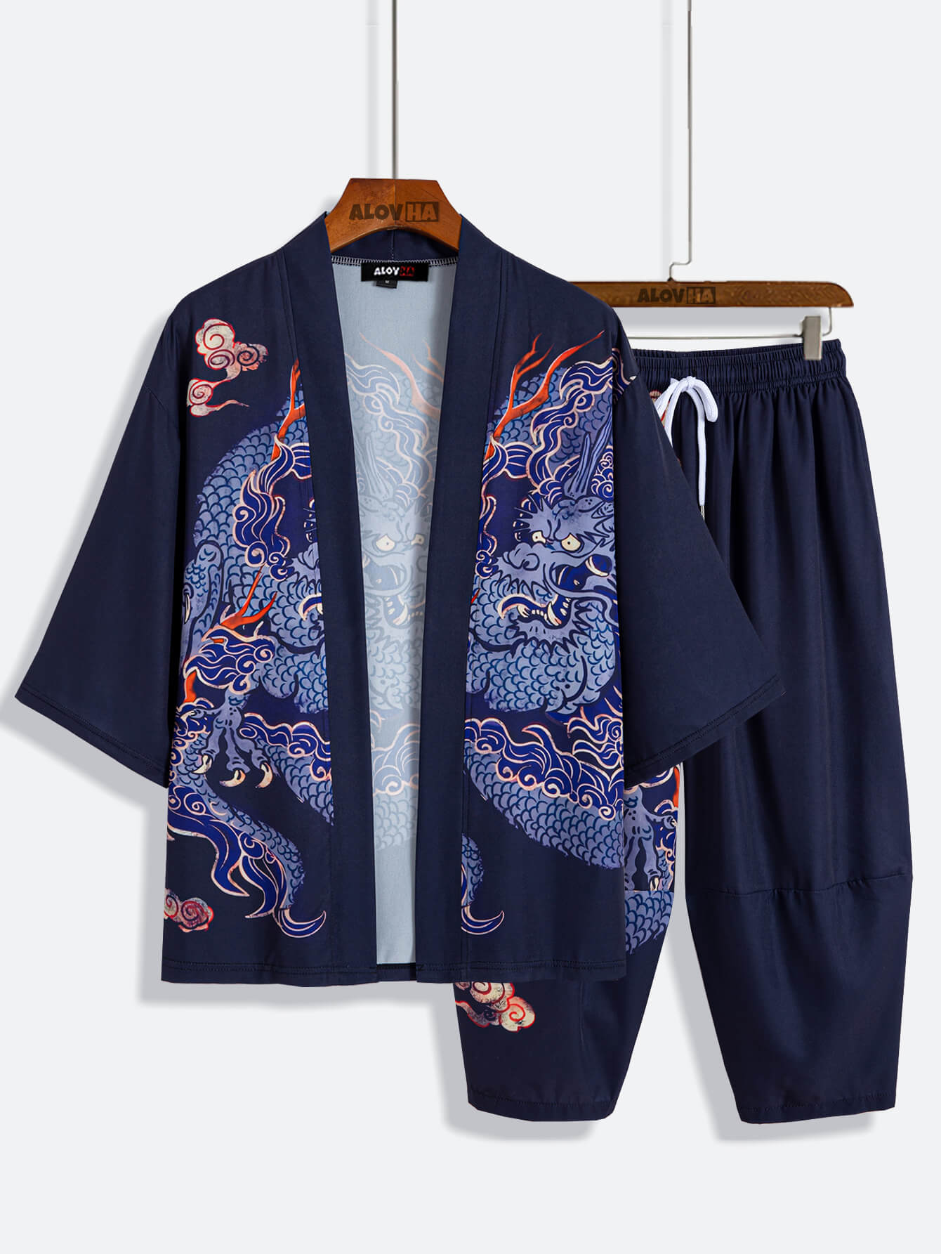 Mens Kimono Dragon Totem Traditional Japanese Clothing Silk Kimono and Pants Set