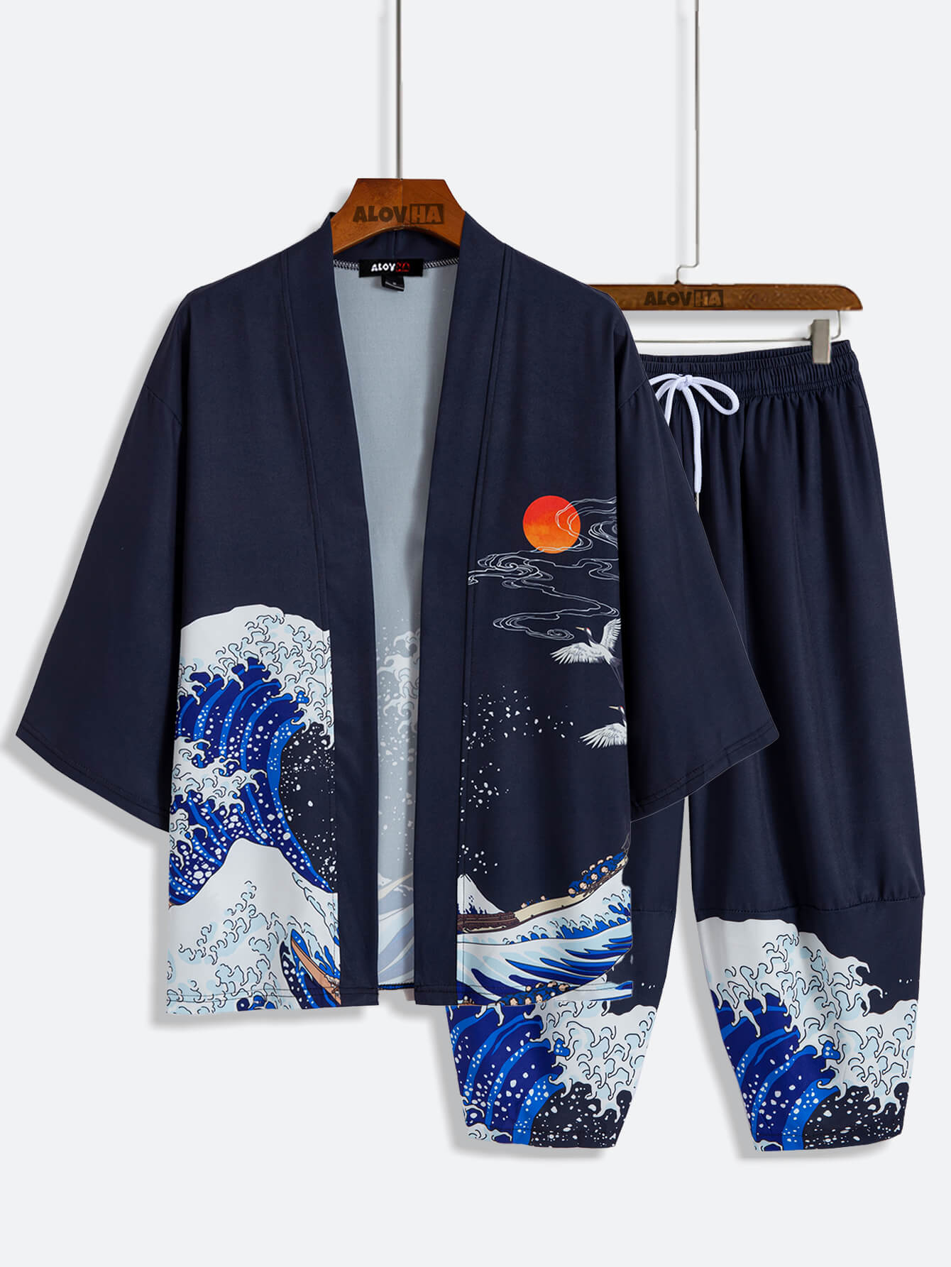 Mens Kimono Sea Waves Print Traditional Japanese Attire Silky Kimono and Pants Set