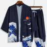 Mens Kimono Sea Waves Print Traditional Japanese Attire Silky Kimono and Pants Set