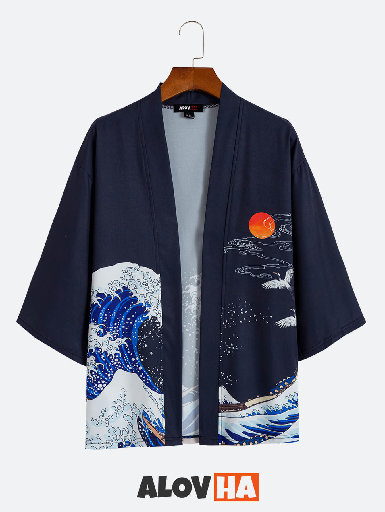 Mens Kimono Sea Waves Print Traditional Japanese Attire Silky Kimono and Pants Set