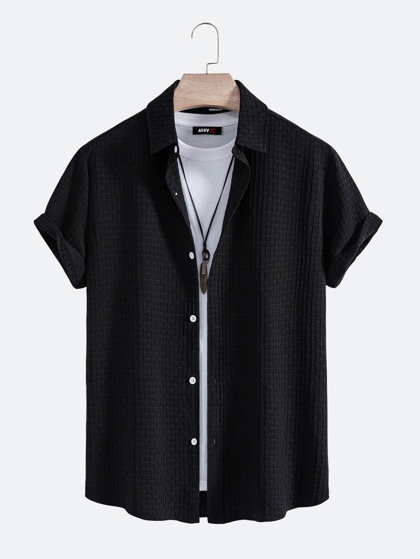 Mens New Summer Short-Sleeved Jacquard Solid Button Up Shirt