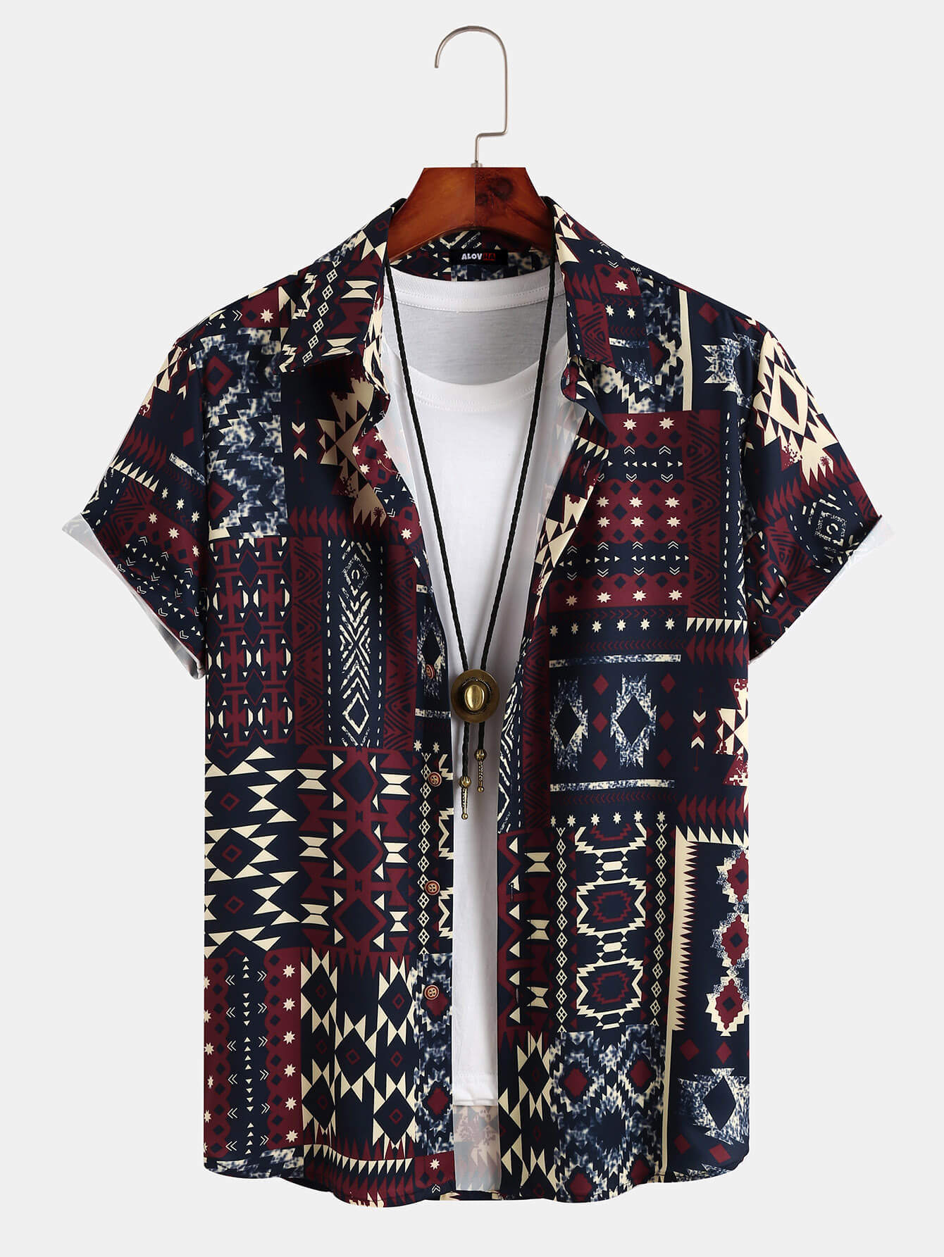 Mens Vintage Ethnic Aztec Print Totem Short Sleeve Button Shirt