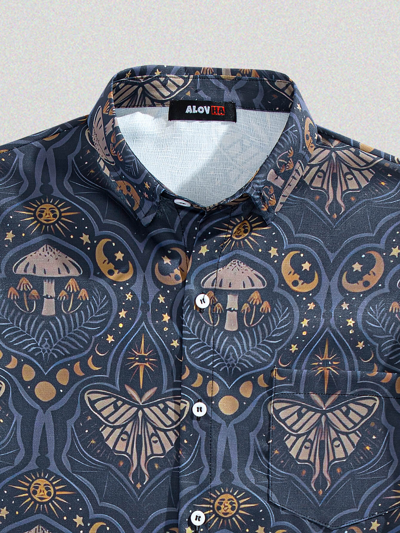 Nature Mushroom Butterfly Design Print Textured Shirt