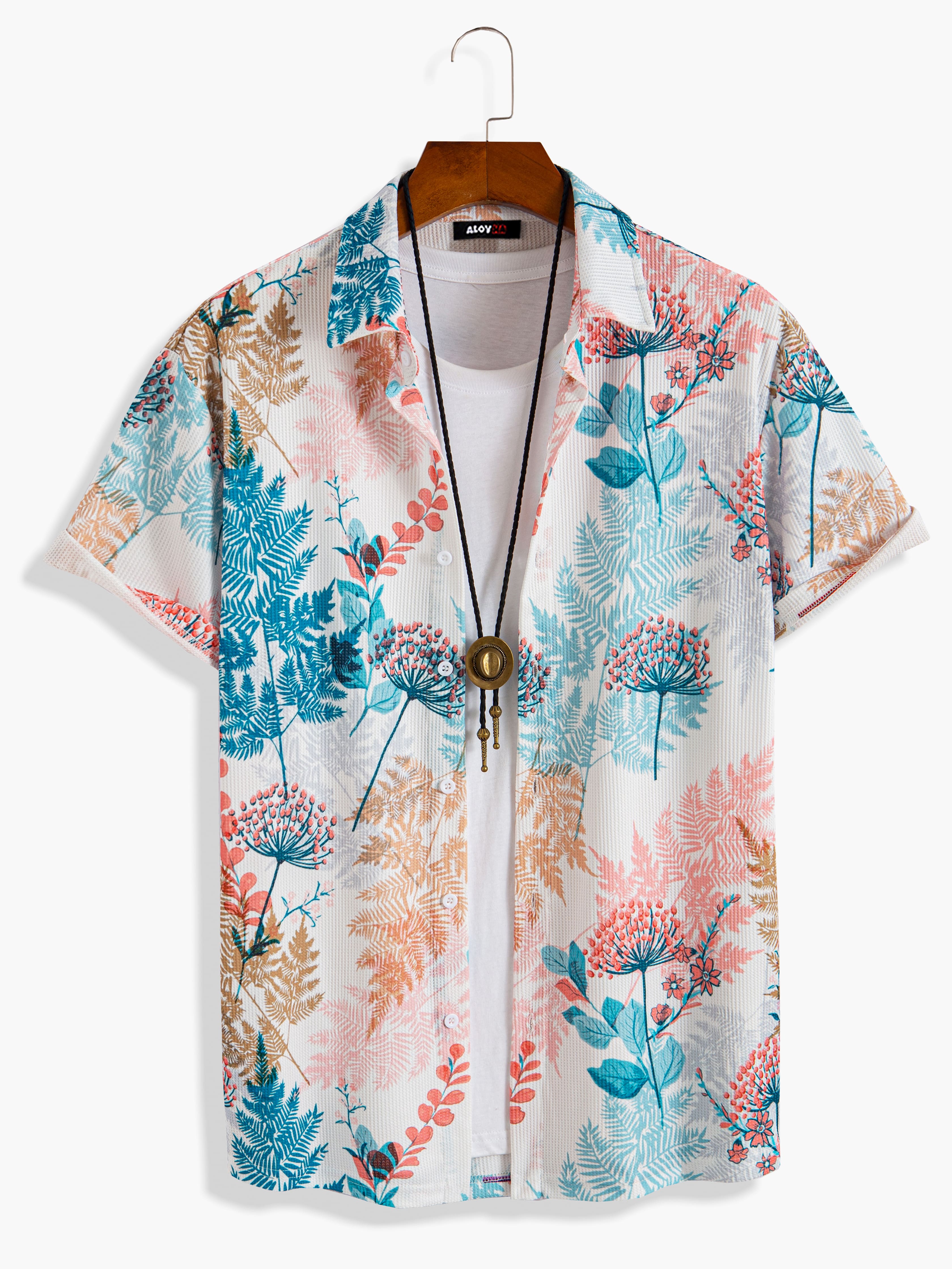 Mens Hawaiian Floral Waffle Short Sleeve Button Up Collared Aloha Vacation Shirt