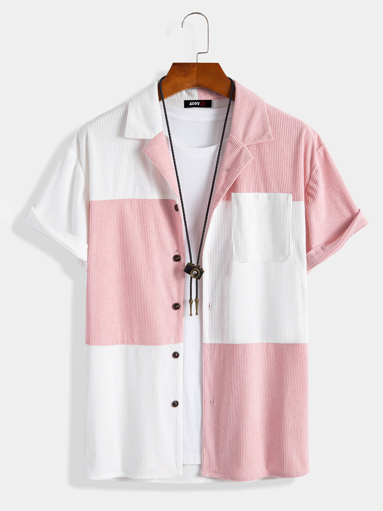 New Pink and White Patchwork Corduroy Button-Up Shirt