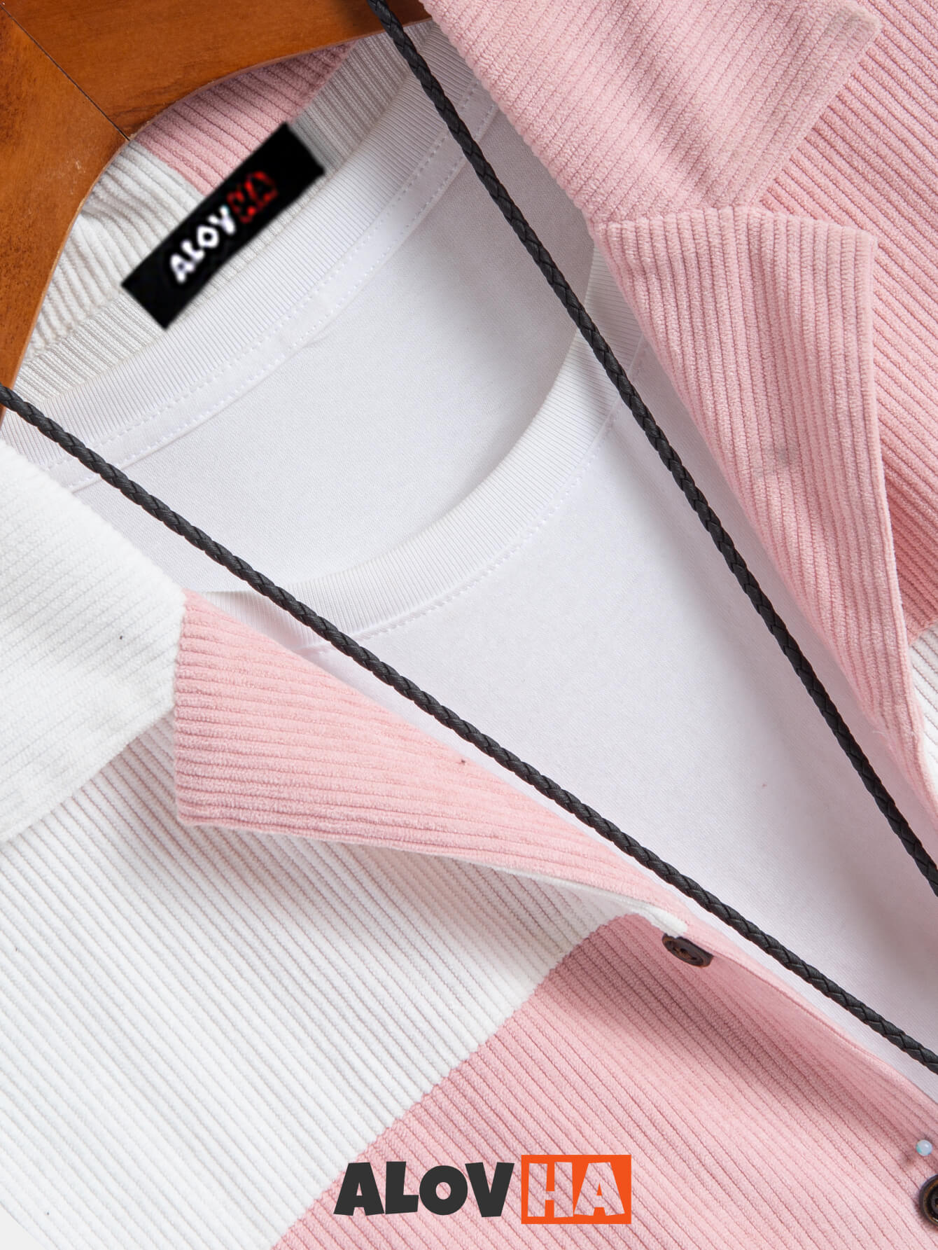 New Pink and White Patchwork Corduroy Button-Up Shirt