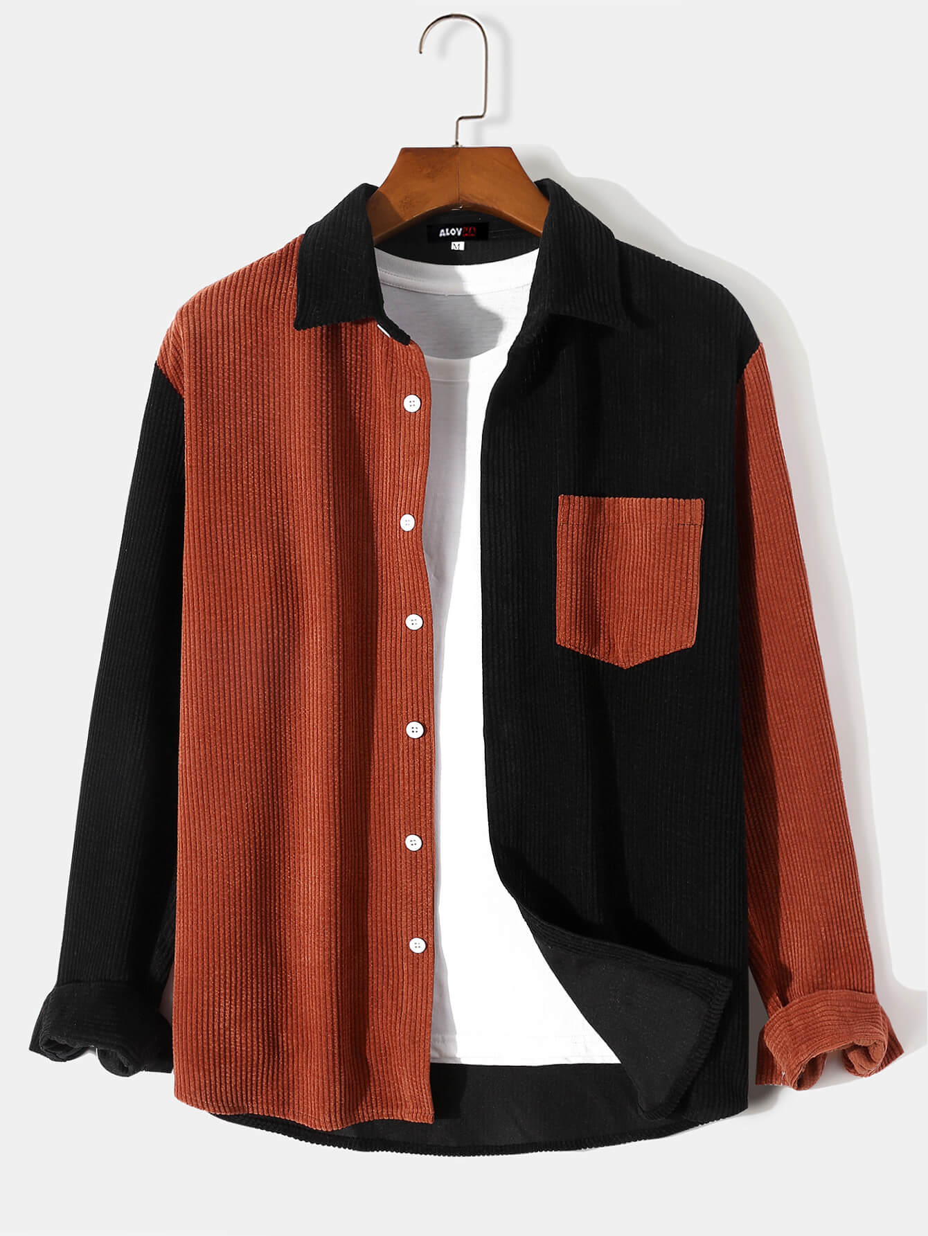 New Splicing Color Contrast Corduroy Long-Sleeved Shirt