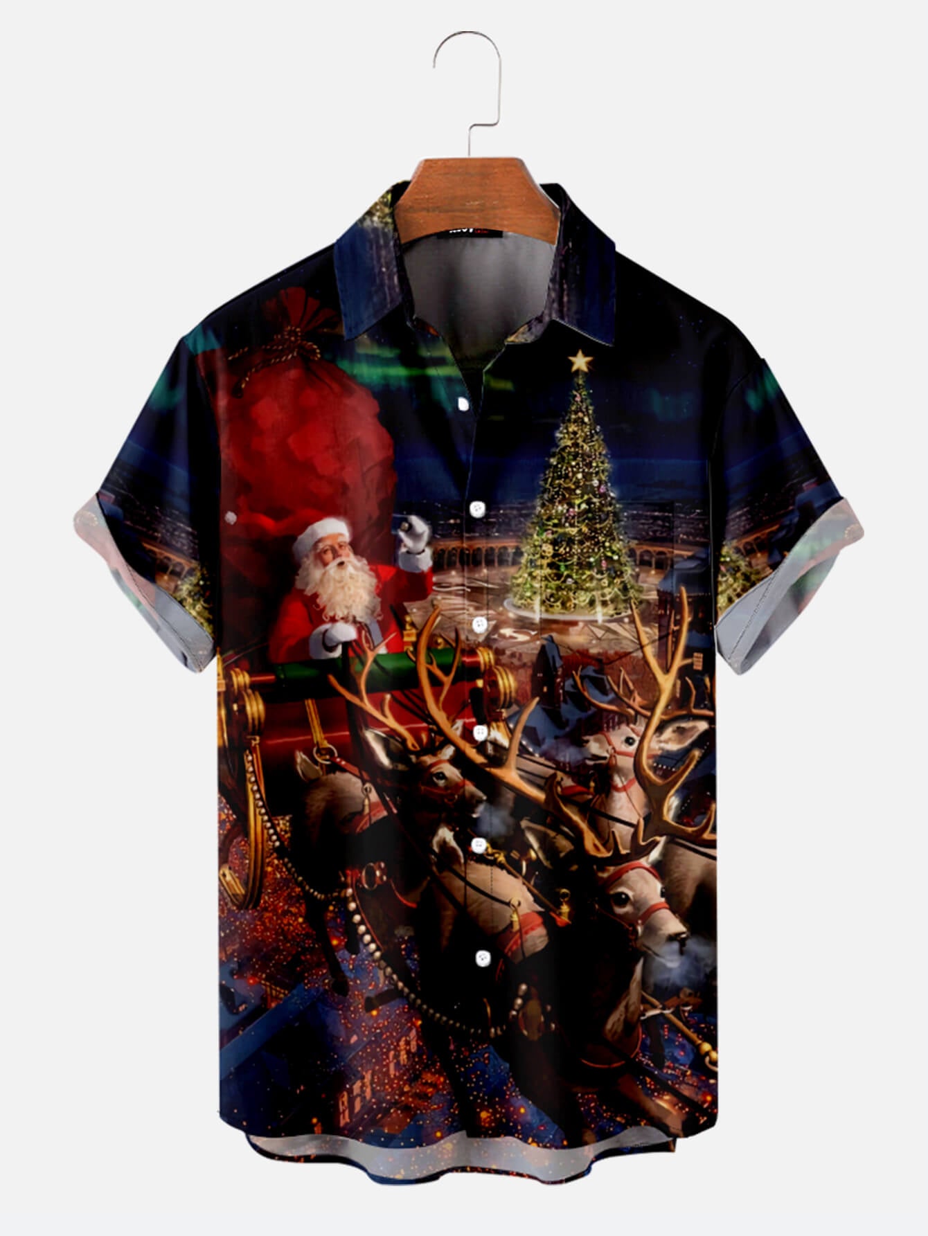 Retro Santa Gift Print Lapel Shirt