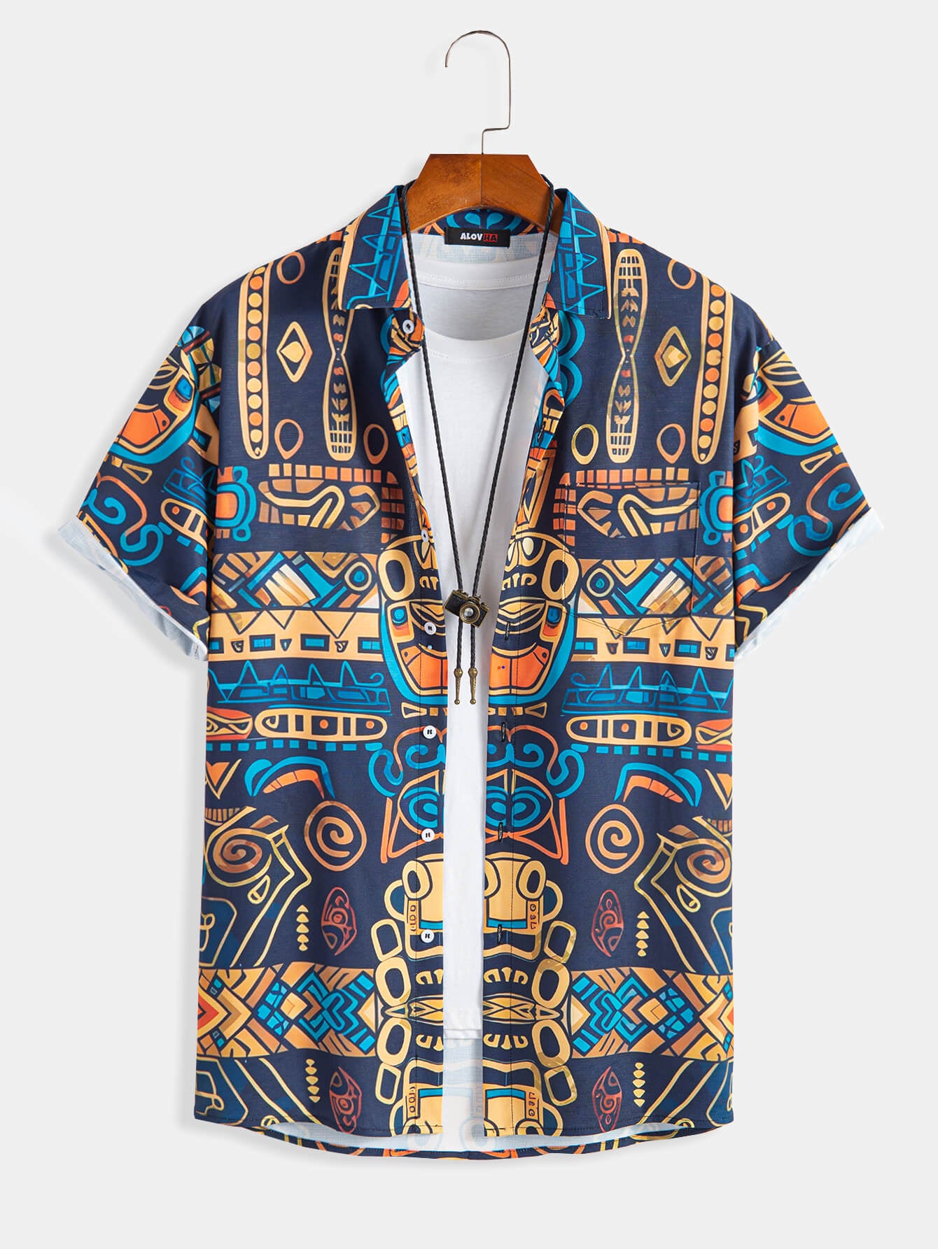 Ethnic Totem Design Textured Lapel Shirt