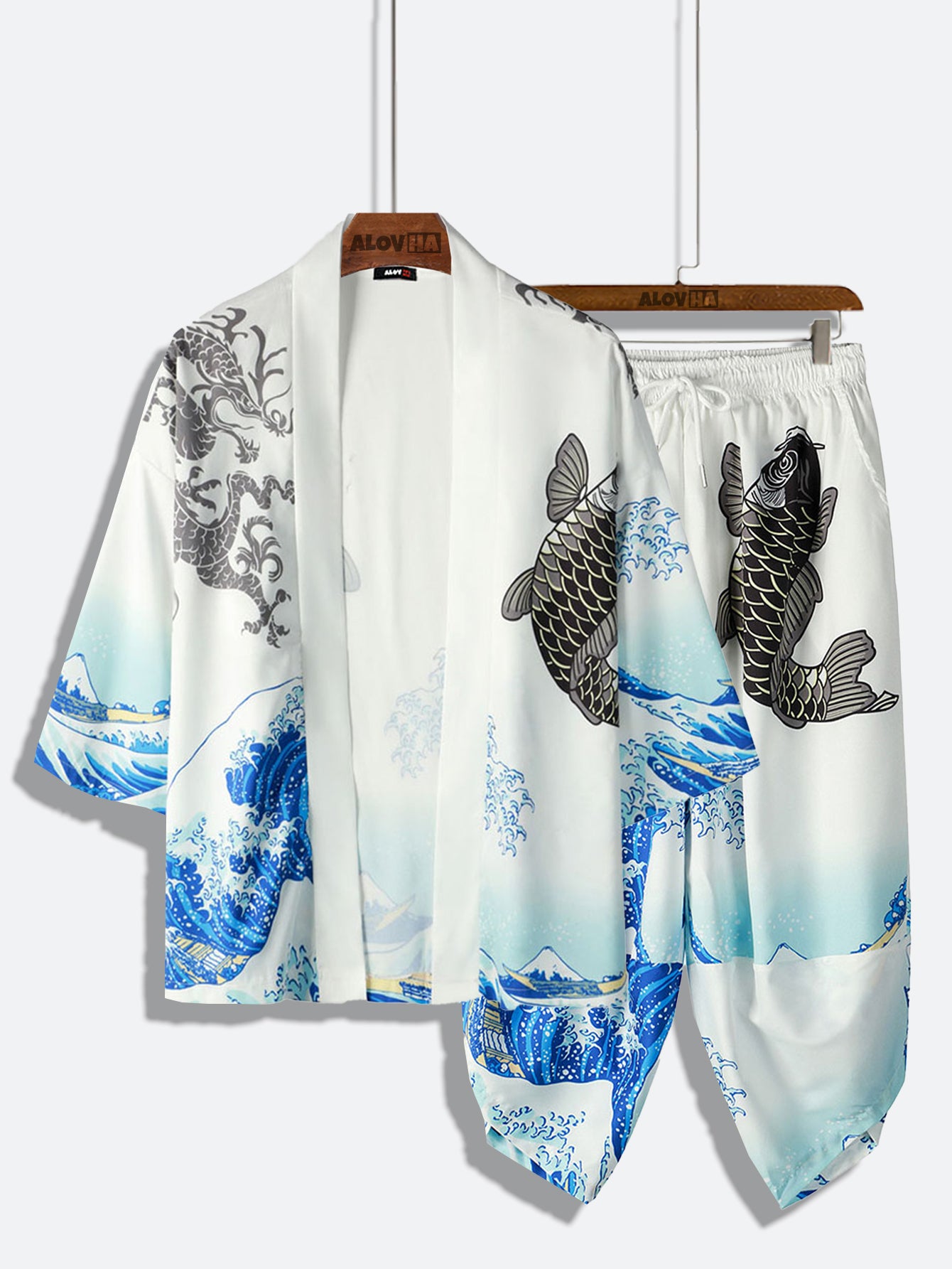 Sea Wave Koi Print Kimono Set