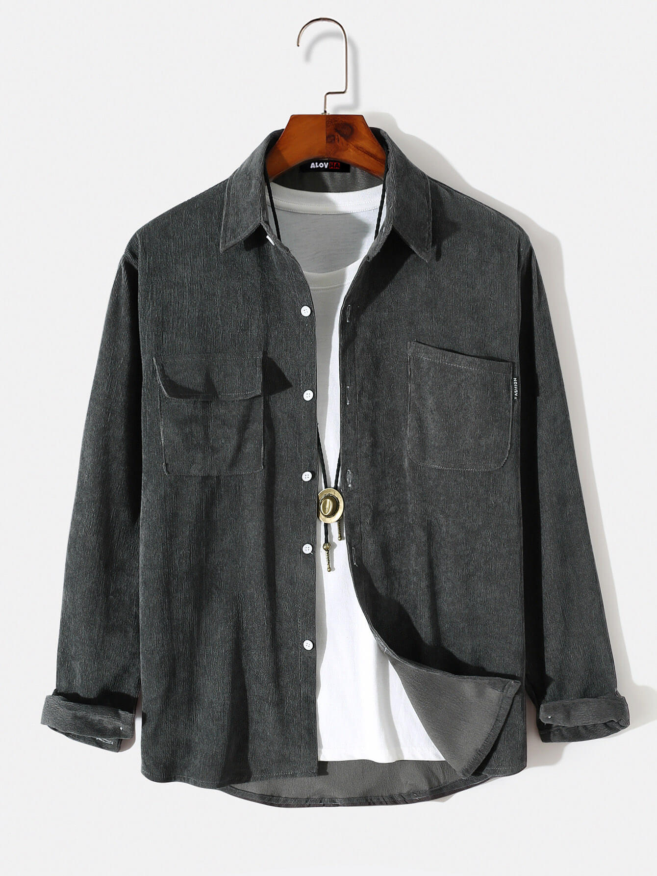 Solid Color Casual Lapel Two Pocket Long Sleeve Shirt