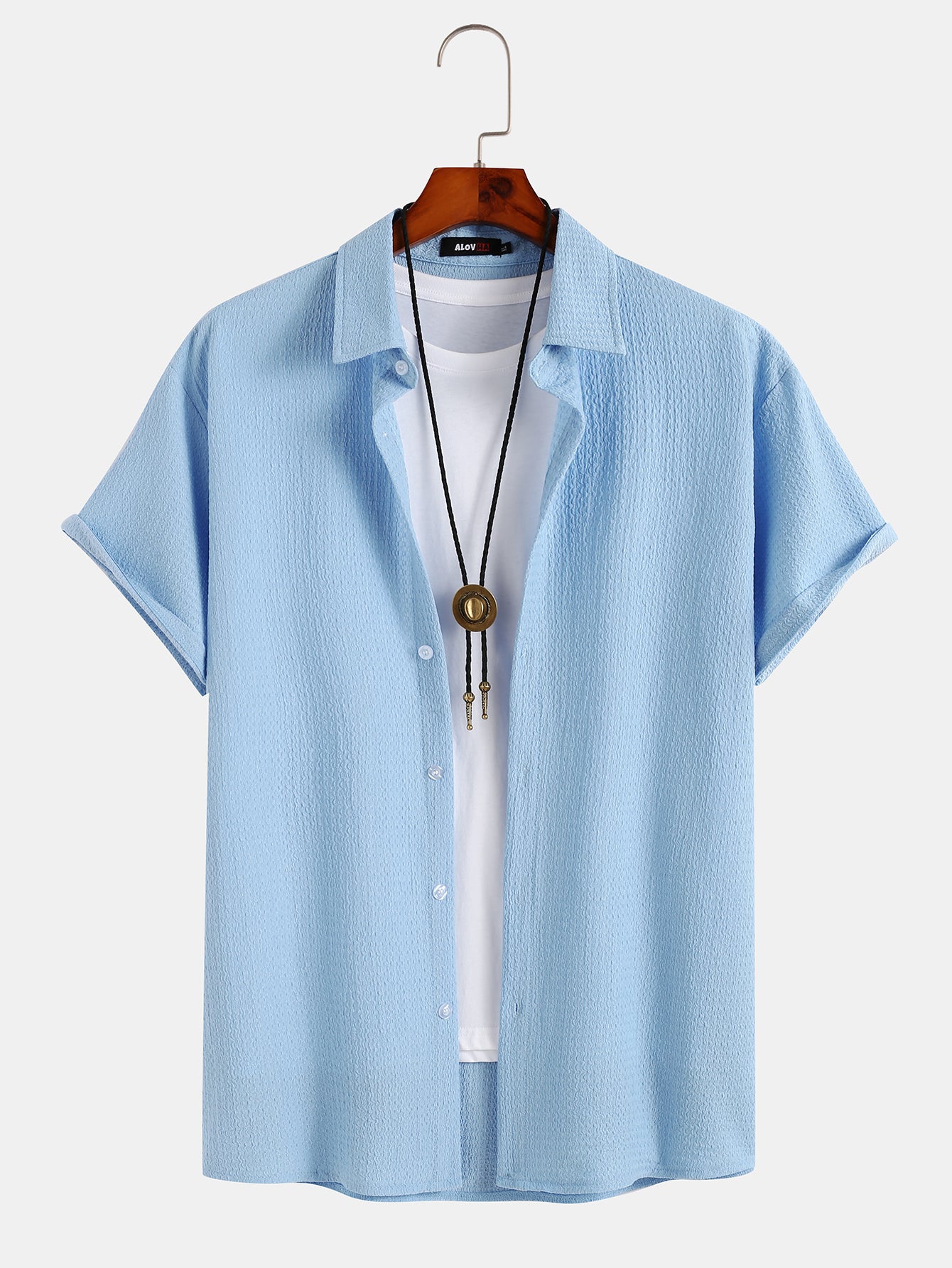 Texture Solid Lapel Button Up Casual Shirt