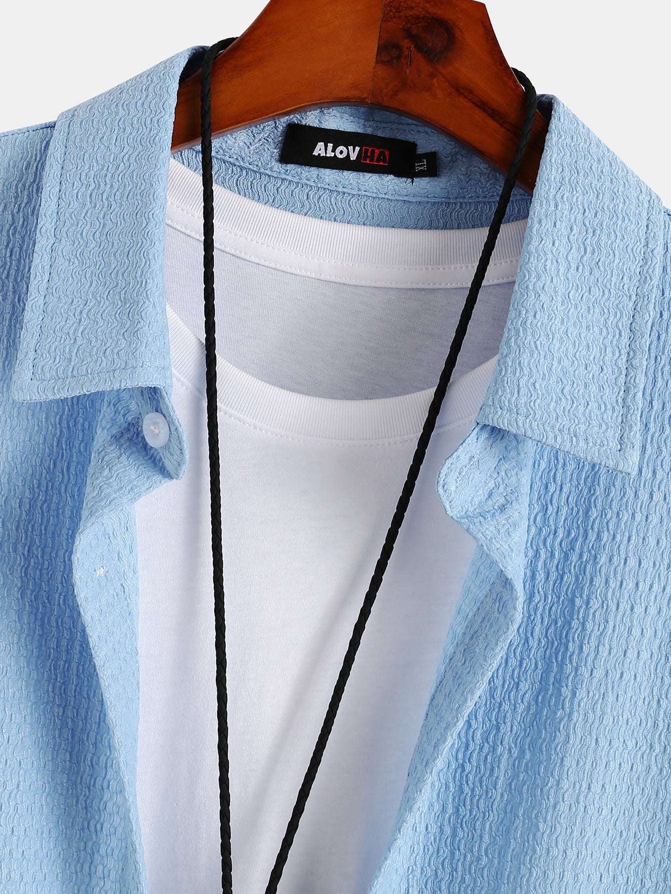 Texture Solid Lapel Button Up Casual Shirt