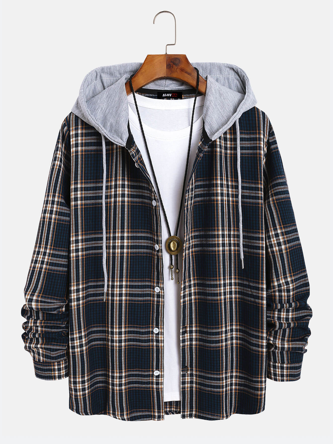 Trendy Check Hooded Long Sleeve Button Up Shirt