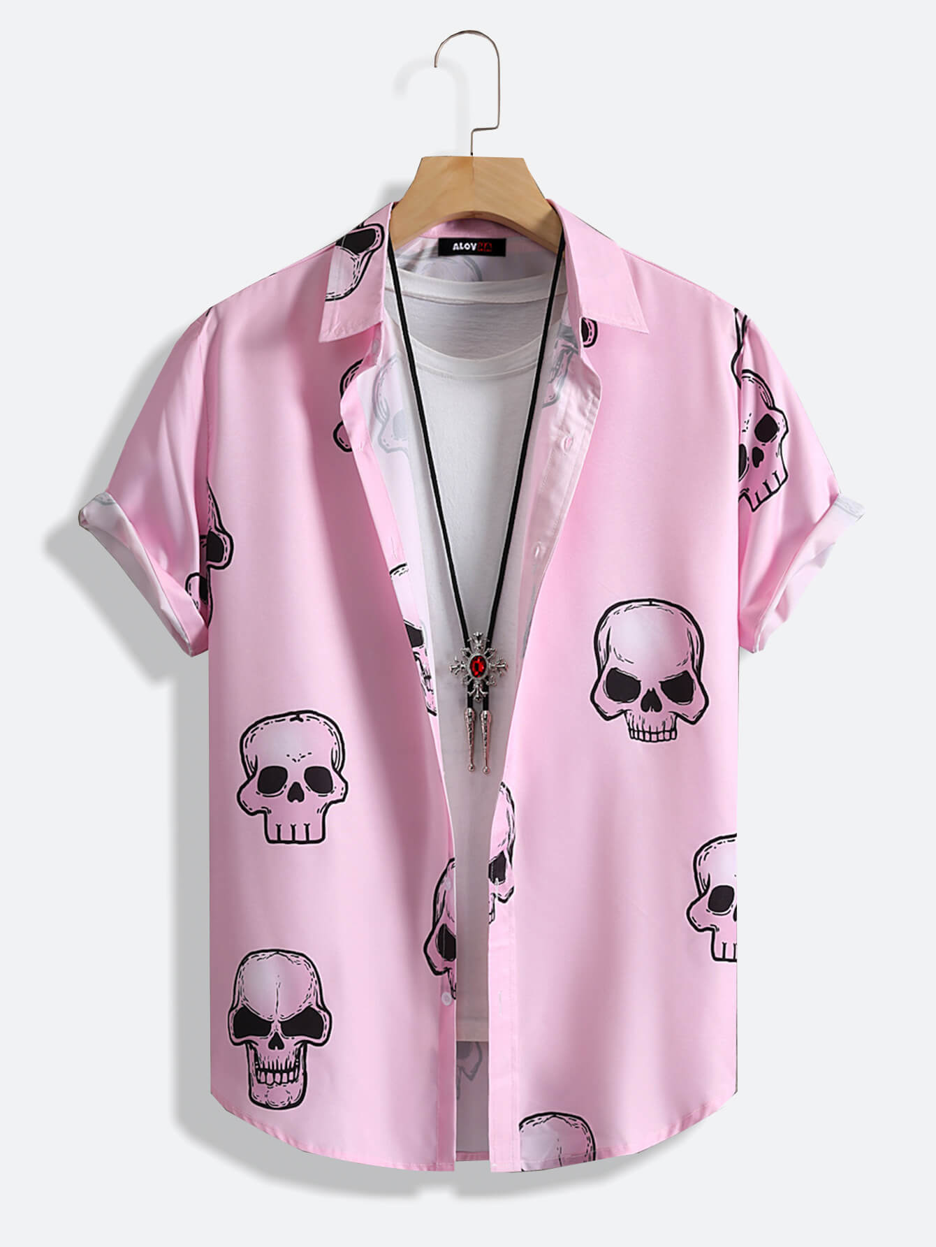 Trendy Pink Skull Print Lapel Collar Shirt