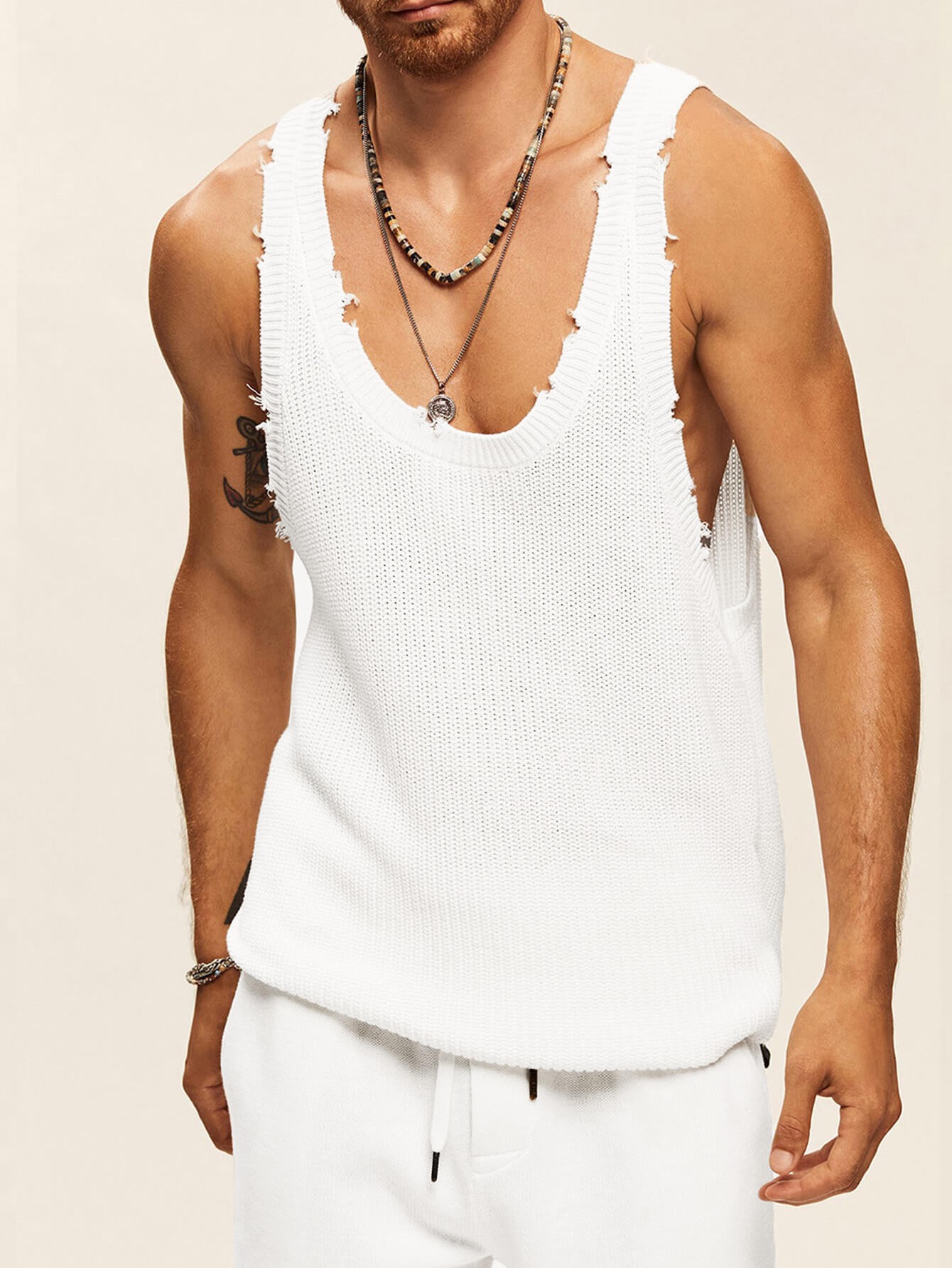 Mens Ribbed Knit Textured Plain Color Tank Top and Short Two-Piece Set