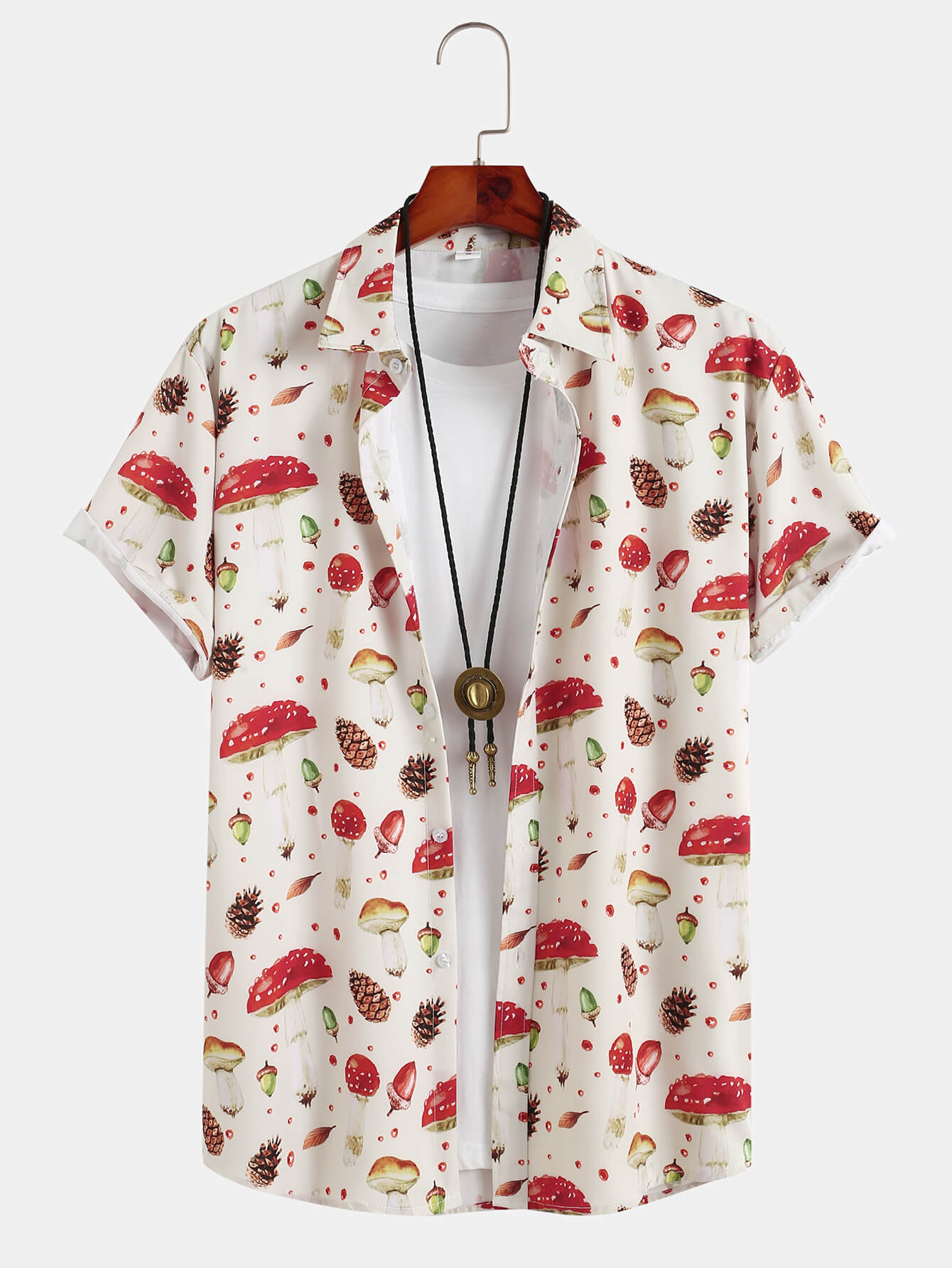 Wild Mushroom Print Button Short Sleeve Lapel Shirt