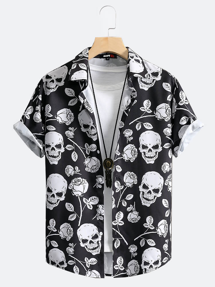 Skull Print Lapel Collar Shirt